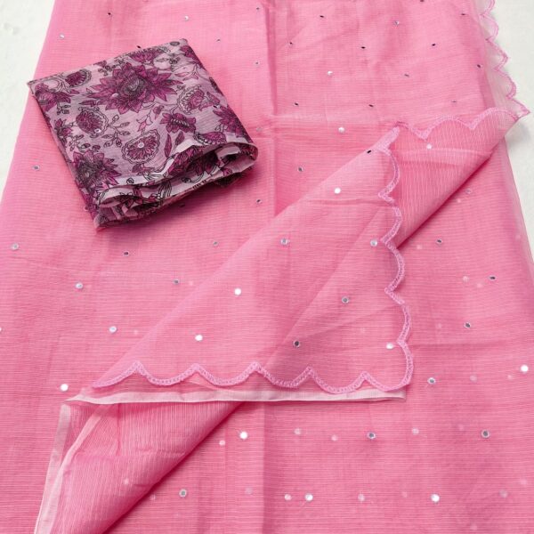 Kota Doriya Mirror Work Saree with Embroidery Cutwork Border